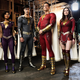 Zachary Levi, Adam Brody, Meagan Good, Ross Butler, D. J. Cotrona, and Grace Fulton on the set of Shazam! Fury of the Gods.